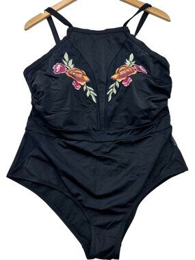Boutique + Womens Mesh Inset Embroidered Floral One Piece Swimsuit Size 1X Black